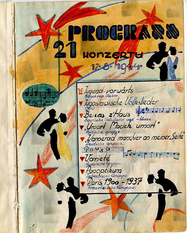 Programme d’un concert autorisé à Buchenwald le 17 août 1944, illustré par Karol Konieczny dans le cahier clandestin de Josef Pribula. Stiftung Gedenkstätten Buchenwaldund Mittelbau-Dora.