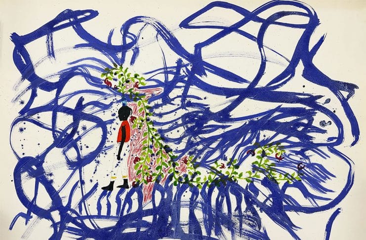 Saïdou Dicko & Hyacinthe Ouattara. La poésie du lien. L’éloge des racines 4. 50x75 cm. Aquarelle, encre, crayon et stylo sur papier. Courtesy de la galerie AFIKARIS et des artistes.