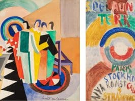 De gauche à droite : Sonia Delaunay, Groupe de femmes, 1925 © Pracusa20210319 © Courtesy Galerie Zlotowski Sonia Delaunay, Proposition pour le catalogue de l'exposition à Stockholm, 1916 © Pracusa20210319 © Courtesy Galerie Zlotowski
