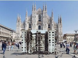 Piazza del Duomo in Milan, with photo by Maxim Dondyuk. House attacked by Russian missile from Lysychansk, Luhansk region, Ukraine.