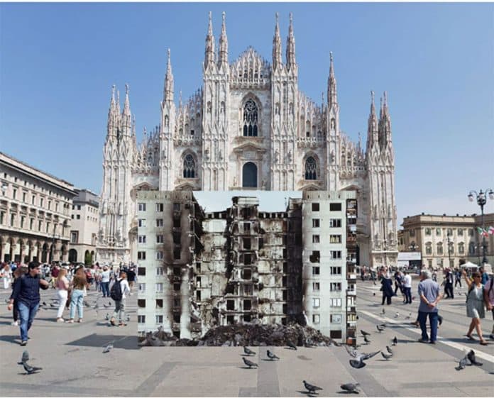 Piazza del Duomo in Milan, with photo by Maxim Dondyuk. House attacked by Russian missile from Lysychansk, Luhansk region, Ukraine.