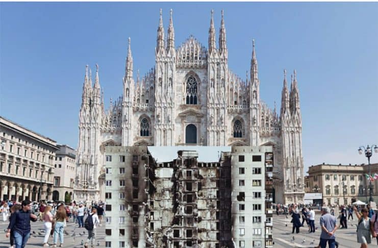 Piazza del Duomo in Milan, with photo by Maxim Dondyuk. House attacked by Russian missile from Lysychansk, Luhansk region, Ukraine.