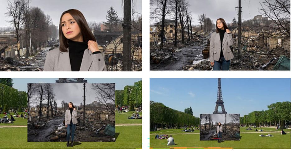 Réfugiée ukrainiene à Paris sur fond de photo de la ville détruite deBoucha en Ukraine
