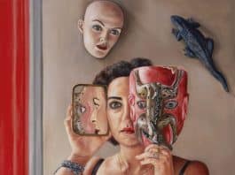 N. Pouyandeh, Autoportrait au masque et au miroir, 2023, huile sur toile, 65 x 54 cm (c) galerie Sator