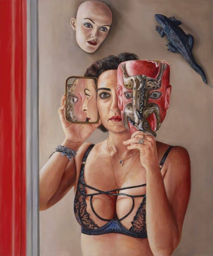 N. Pouyandeh, Autoportrait au masque et au miroir, 2023, huile sur toile, 65 x 54 cm (c) galerie Sator