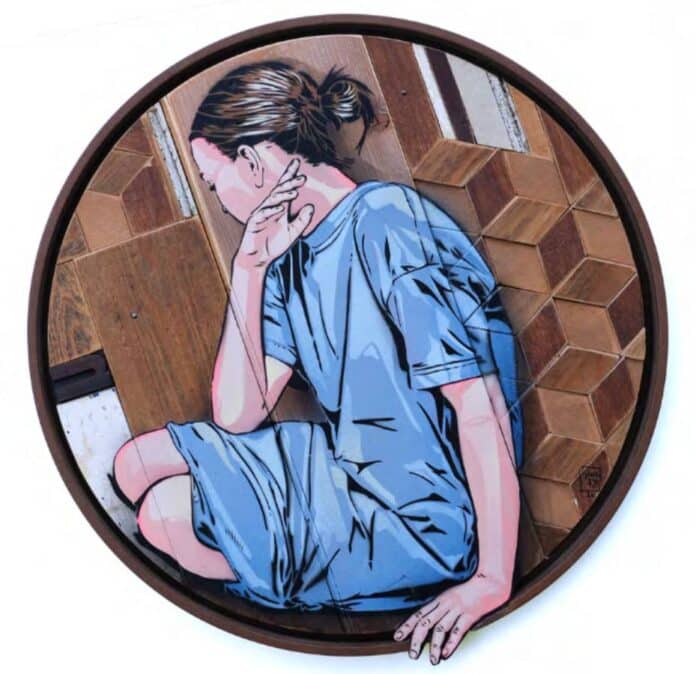 Jana & JS A circle of unspoken things Jana & JS A circle of unspoken things, 2026 Encre, acrylique, peinture aérosole et pochoir sur assemblage de bois 40 cm de diamètre