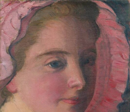 MAURICE DENIS, Portrait de Marthe à la capeline rose, c. 1893, Huile sur toile, 27,5 x 20,6 cm