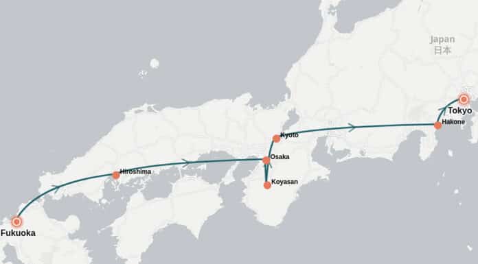 Le Japon de Fukuoka à Tokyo Carte du voyage au Japon